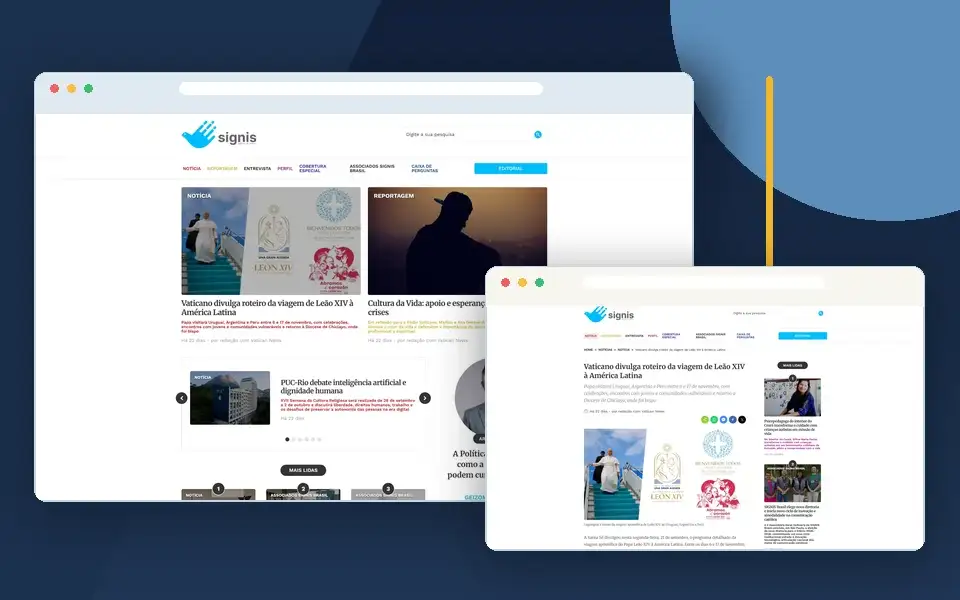 Página inicial do portal da Agência de Notícias SIGNIS, com categorias e reportagens.