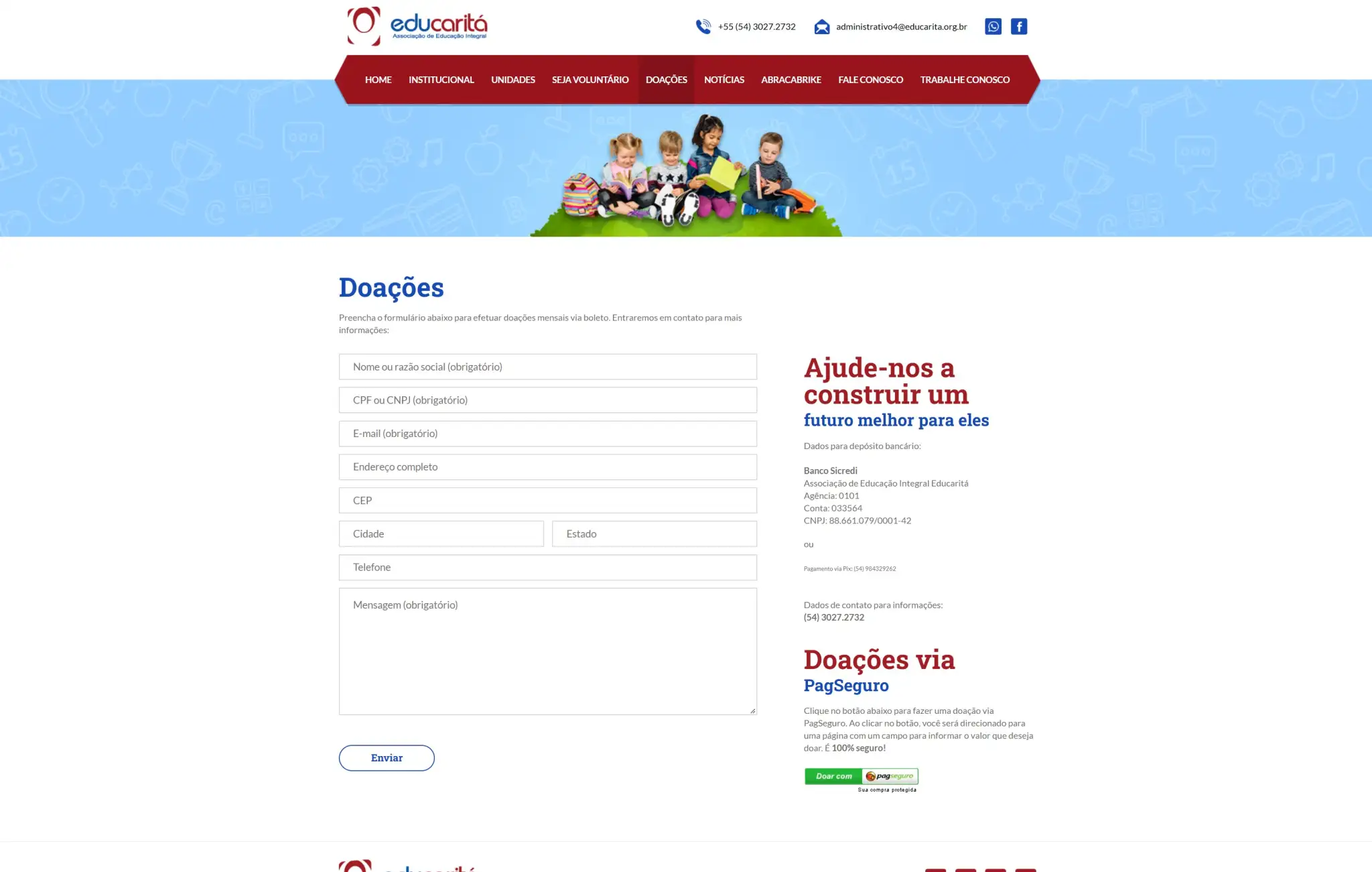 Página de doações da Educaritá com formulário para contribuição e informações para doação.