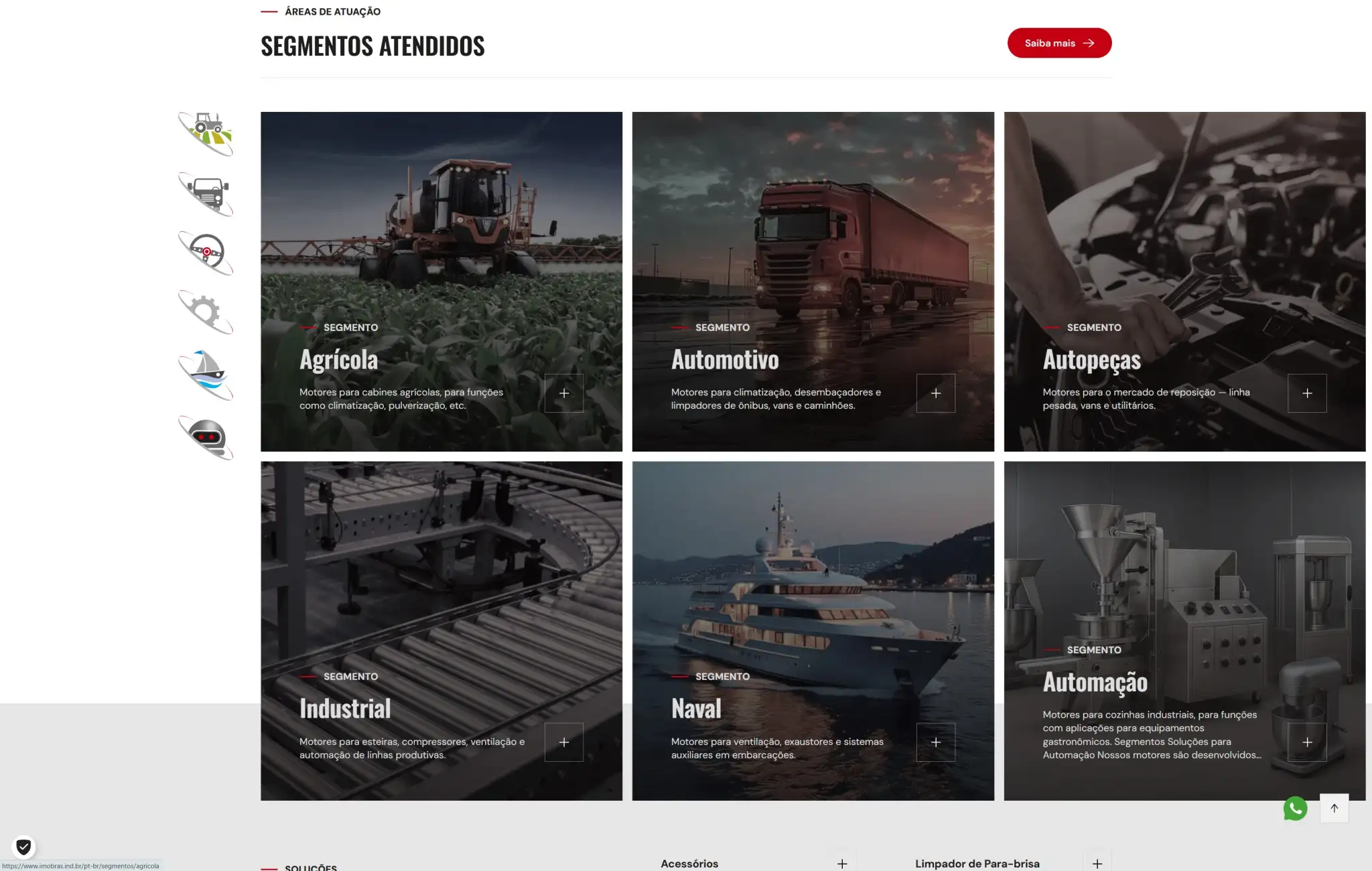 Página de segmentos atendidos com categorias agrícola, automotiva, autopeças, industrial, naval e automação.
