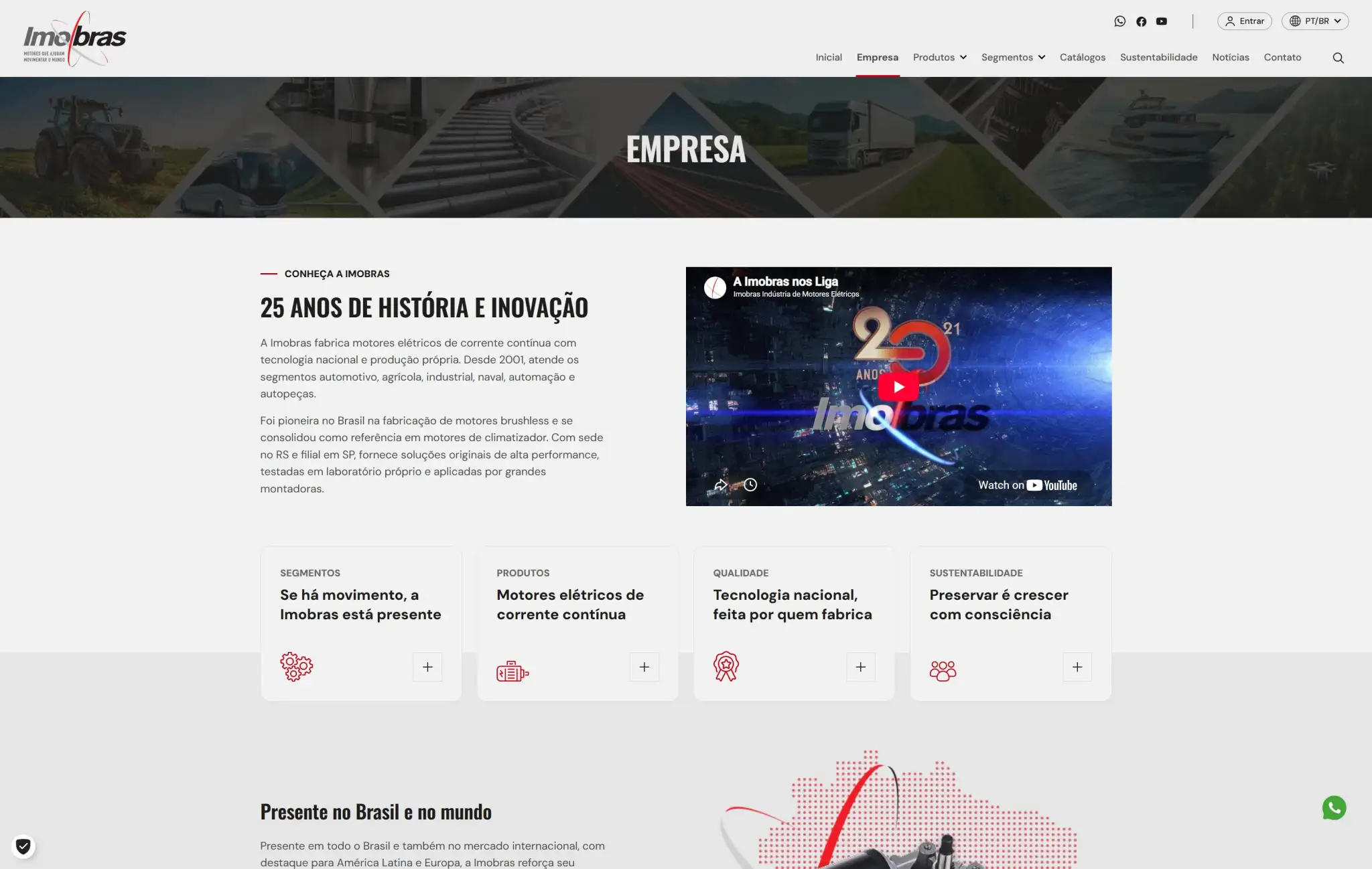 Página institucional da Imobras com conteúdo sobre sua história, inovação, vídeo comemorativo e valores.