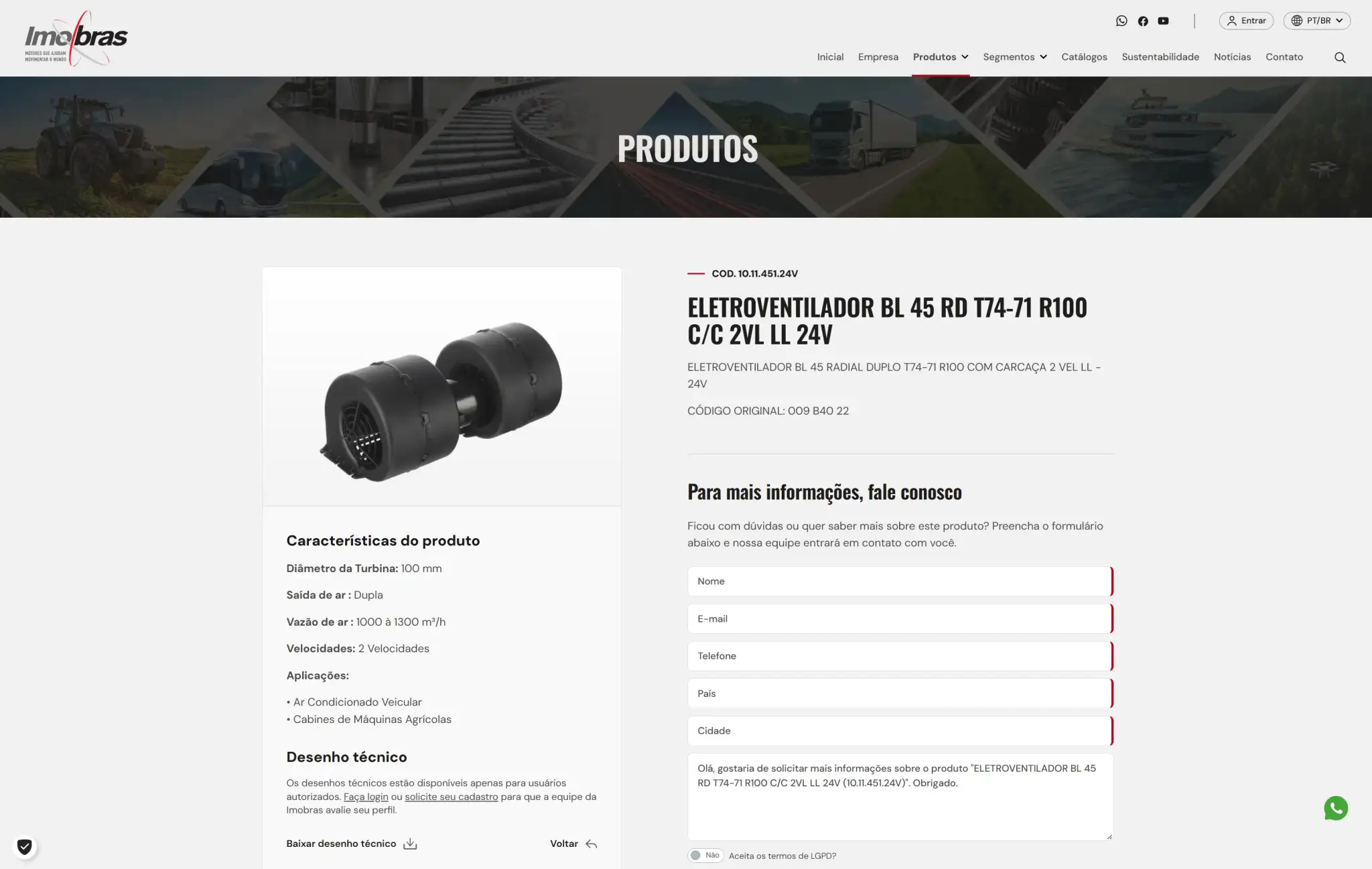 Página de um eletroventilador com características técnicas do produto e formulário de contato.