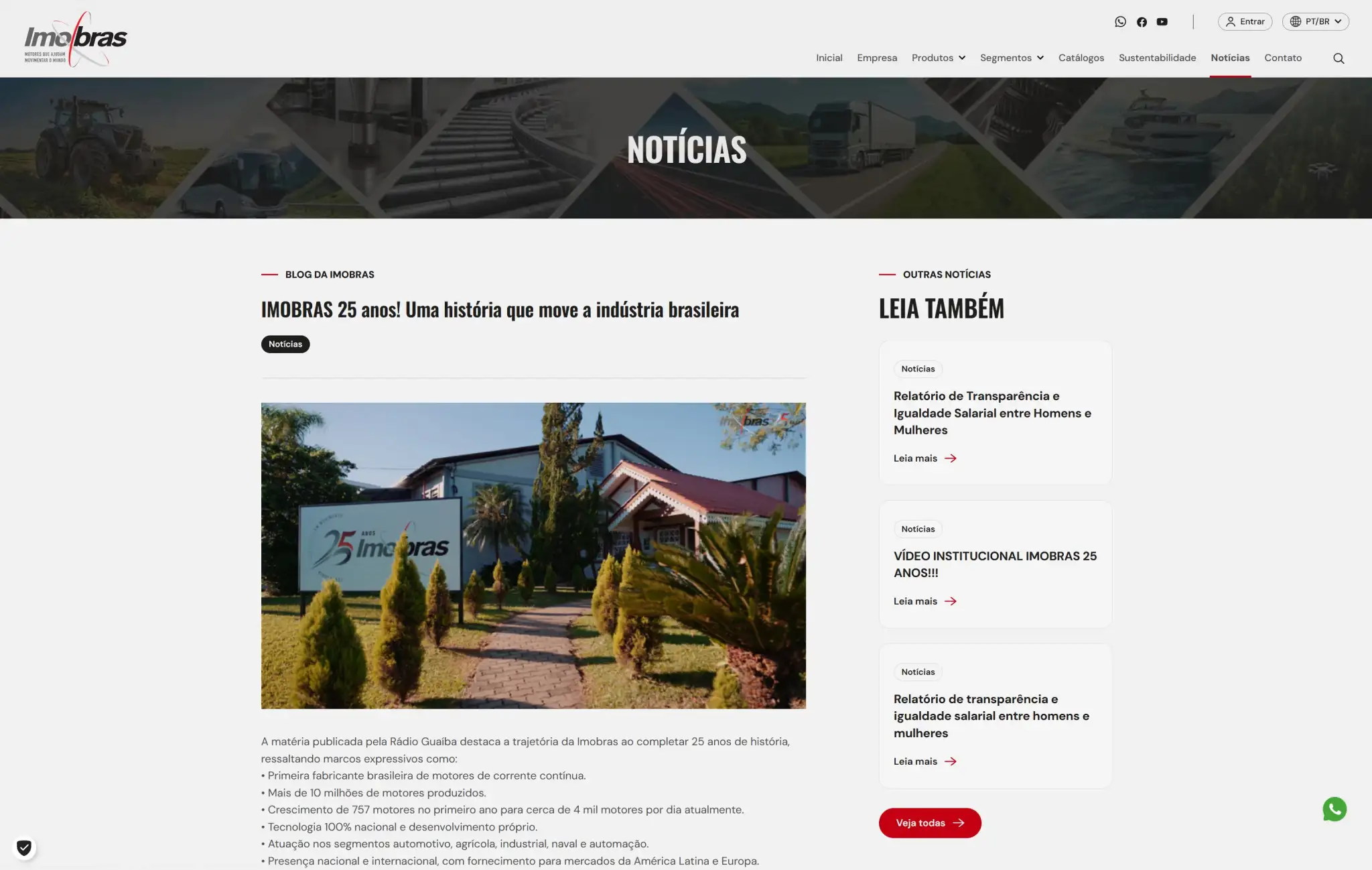 Página de notícias da Imobras com matéria institucional e links para outros conteúdos.