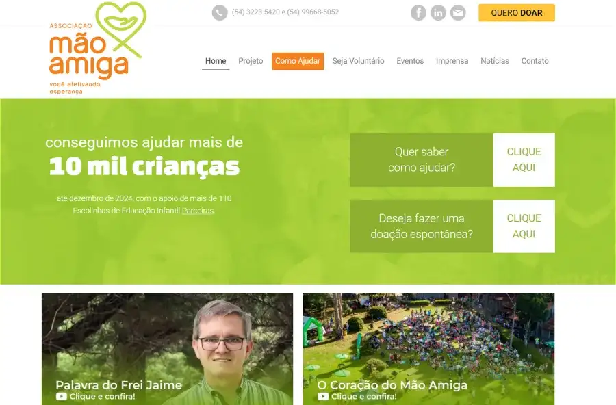 Página inicial do Projeto Mão Amiga com opções para apoiar, doar e conhecer eventos da organização.