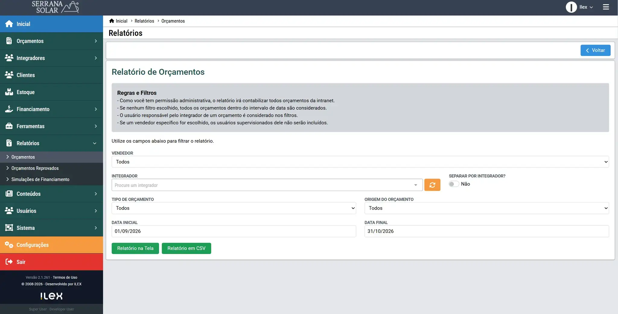 Filtros do relatório de orçamentos e opções de exportação.