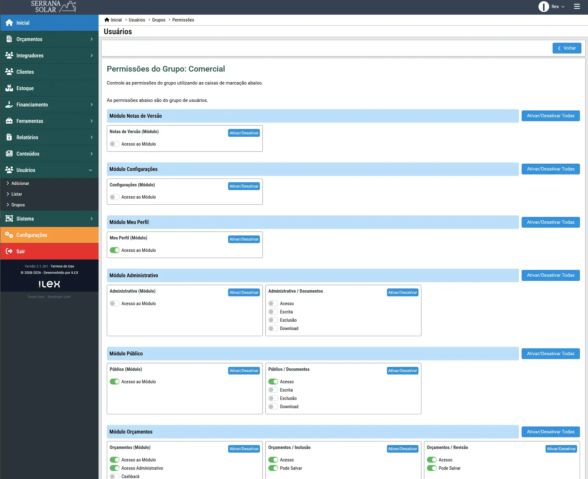 Configuração granular das permissões por grupo de usuários.