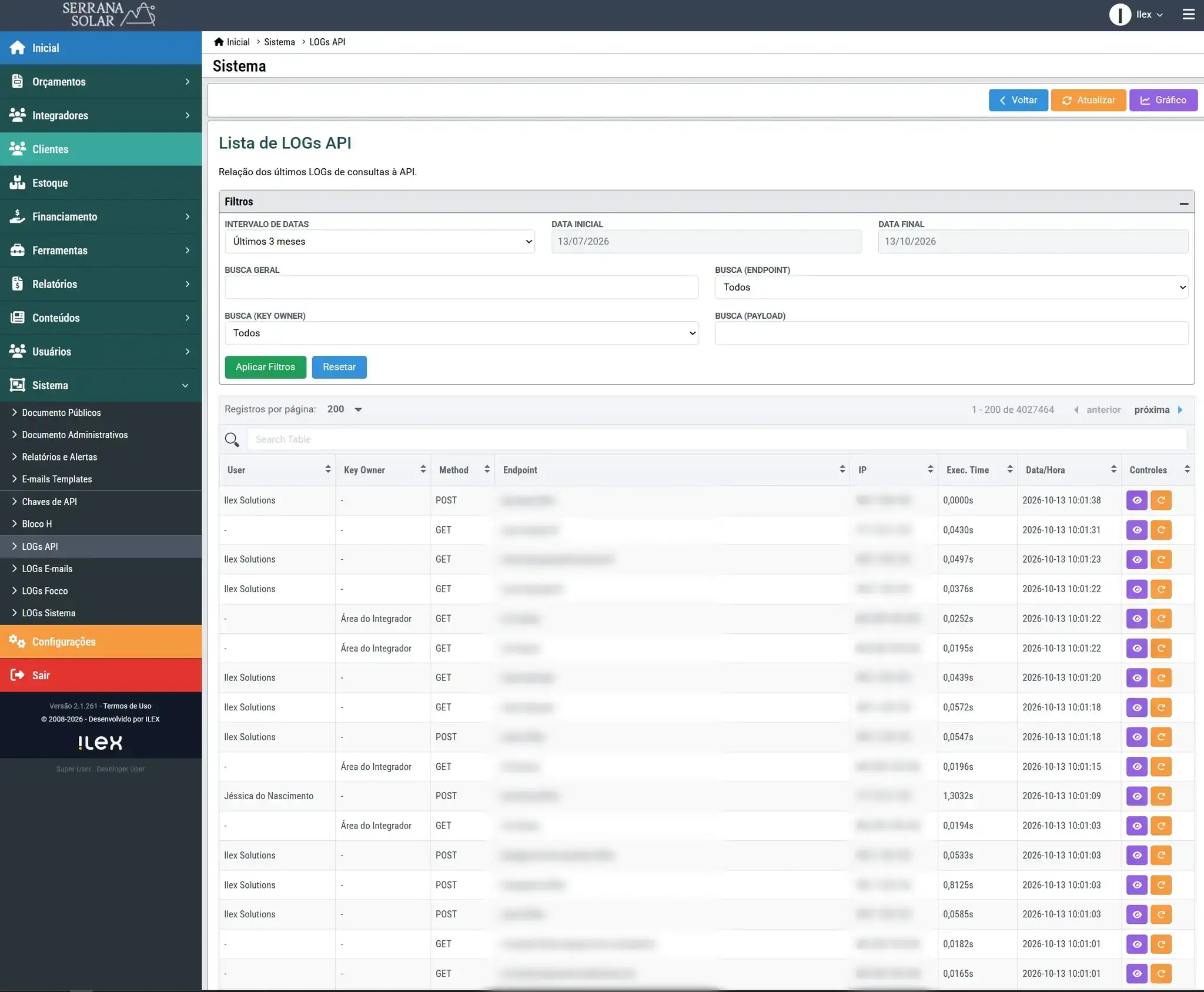 Registros de chamadas de API e filtros de consulta.