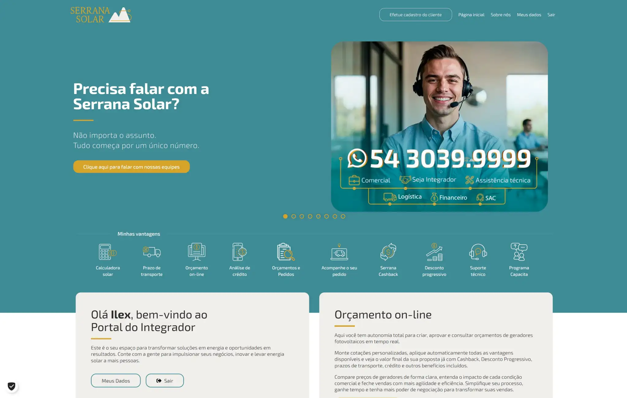 Página inicial do Portal com atalhos para recursos, benefícios e orçamento on-line.