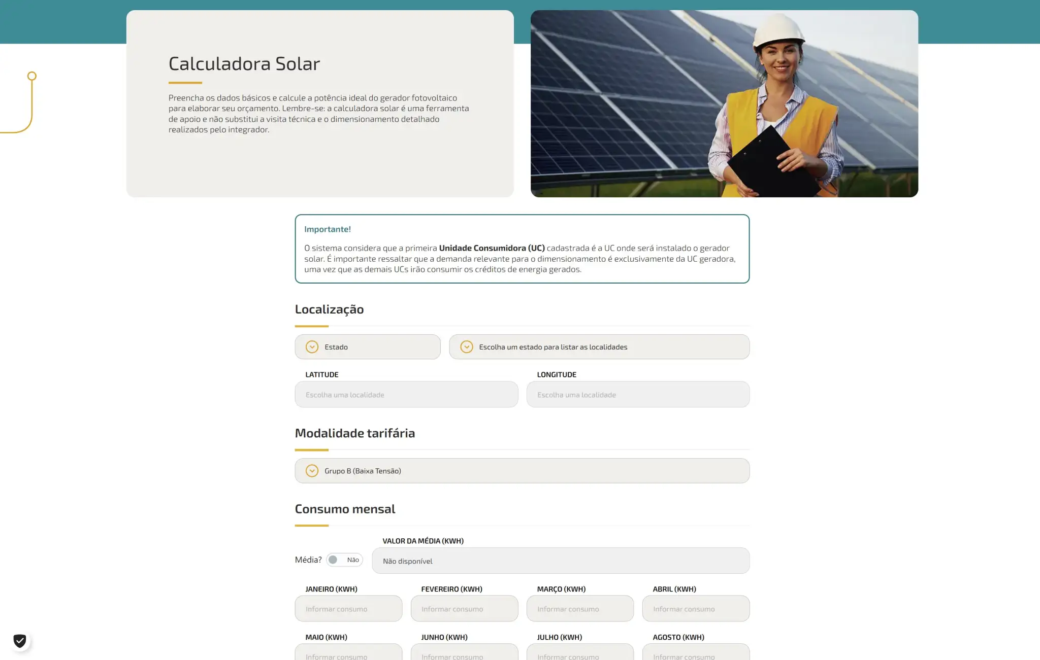 Calculadora solar com campos de localização, modalidade tarifária e consumo mensal.