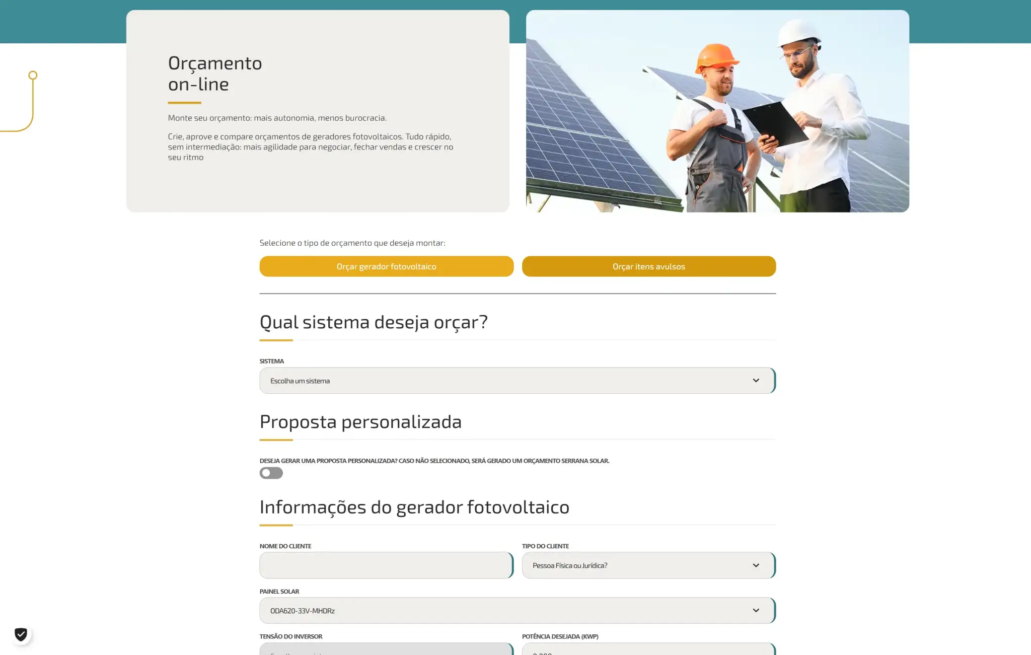 Formulário de orçamento on-line com seleção do sistema e dados iniciais do gerador fotovoltaico.