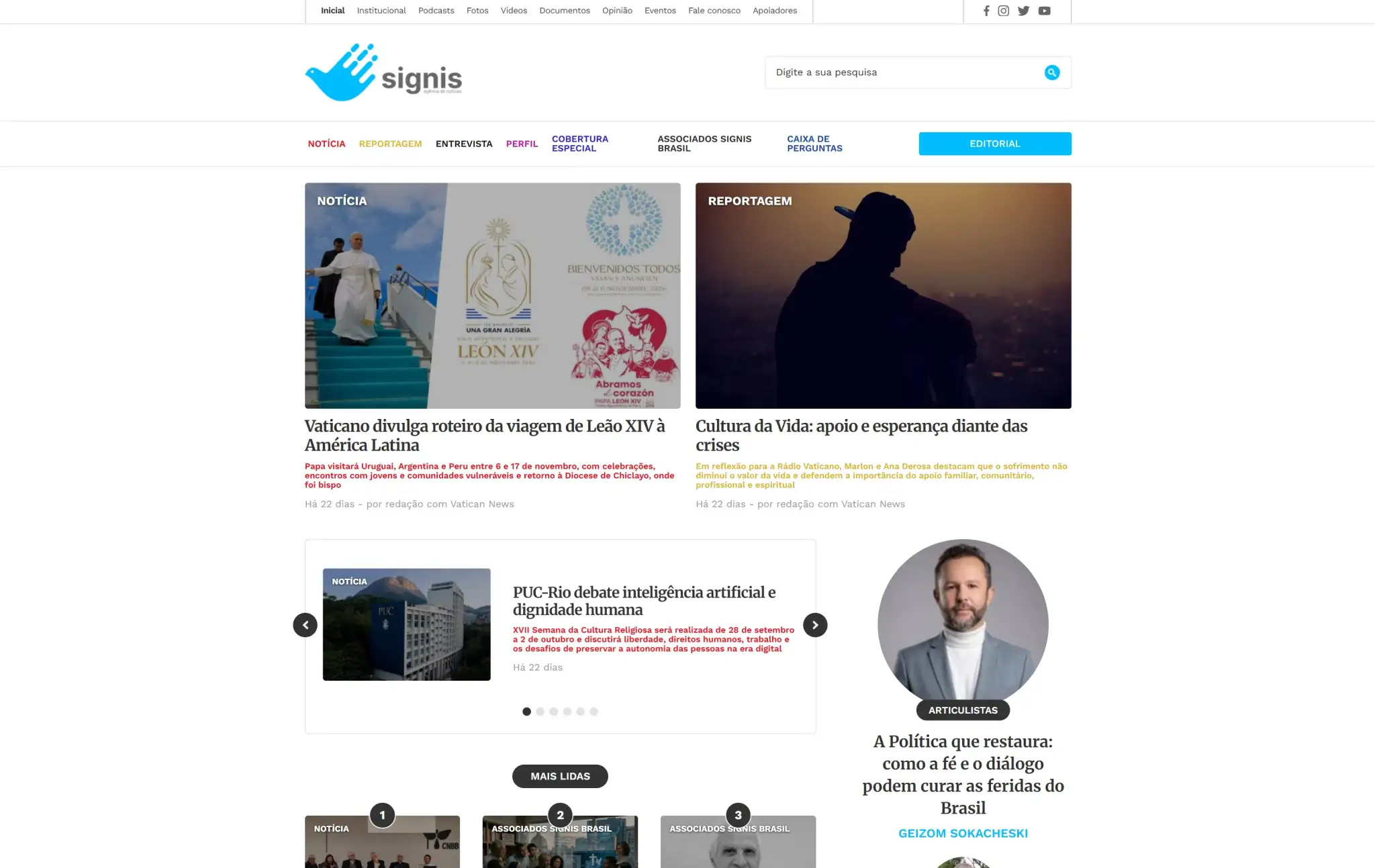 Página inicial do portal SIGNIS com notícias em destaque, reportagens, colunistas e navegação editorial.