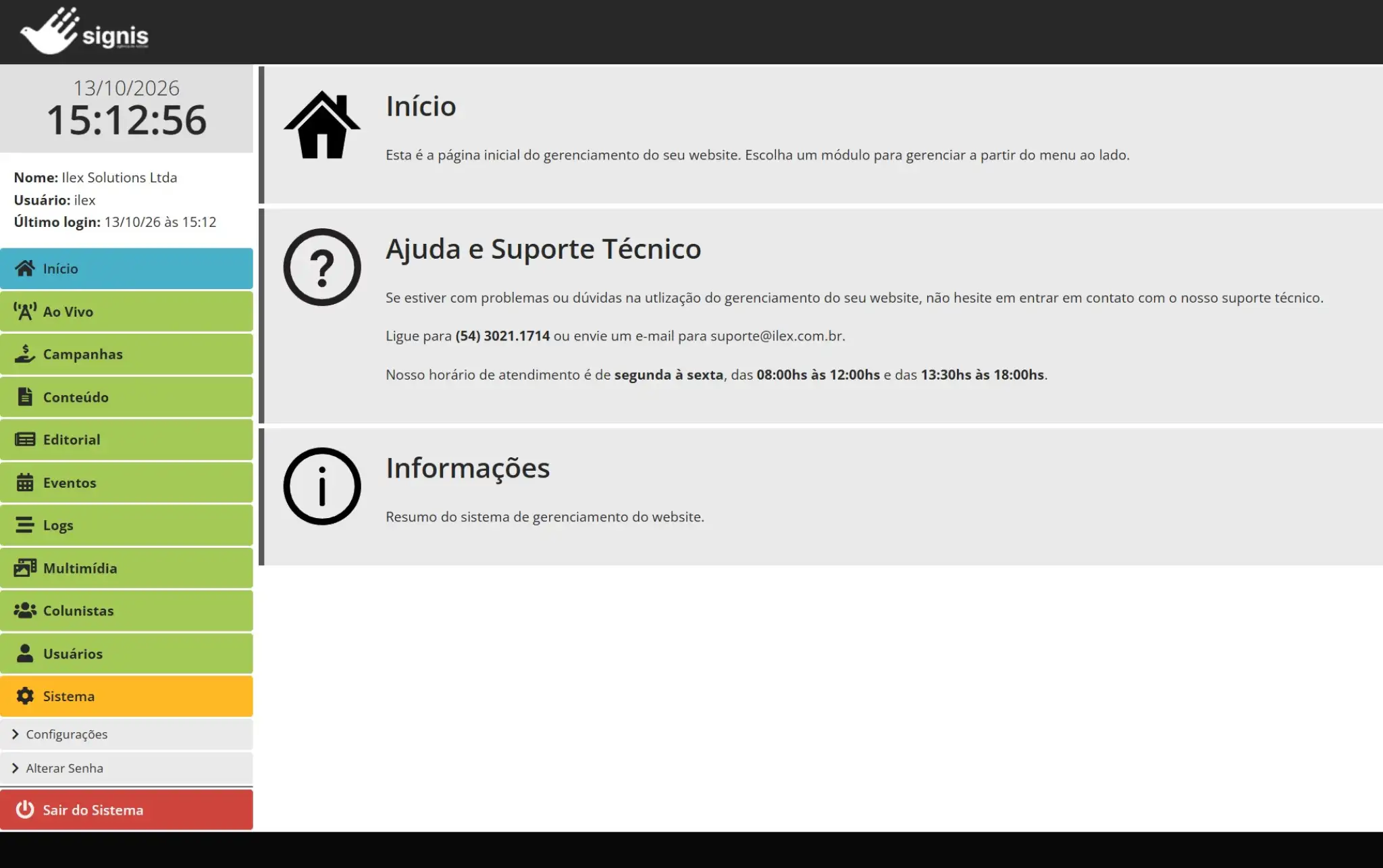 Tela inicial do CMS SIGNIS com atalhos para os módulos de gestão do portal.