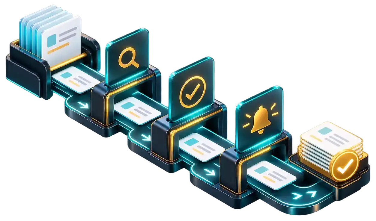 Fluxo automatizado conectando etapas, validação e notificações.