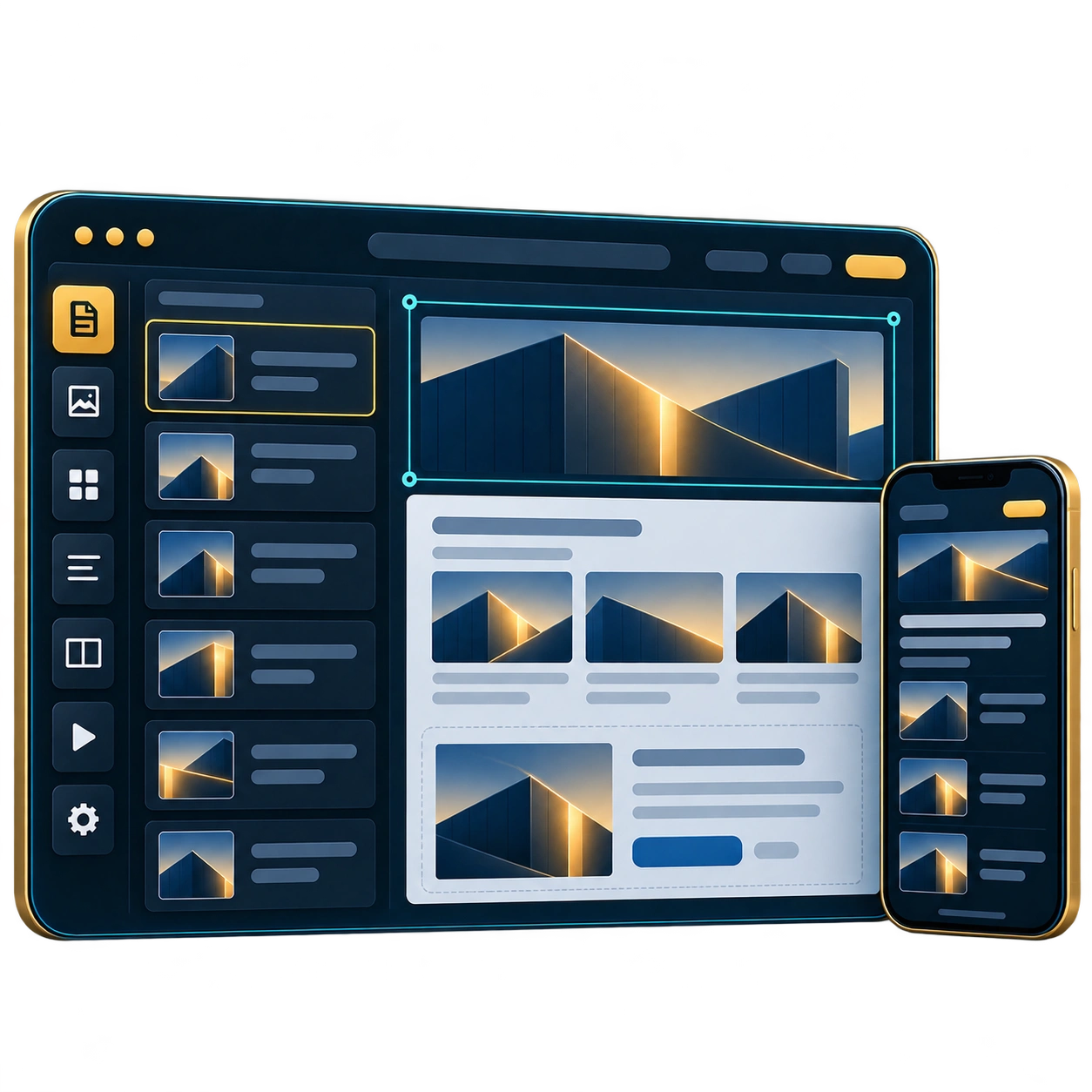 Ilustração 3D de um painel modular de gestão de conteúdo, com prévias do site em desktop e celular.