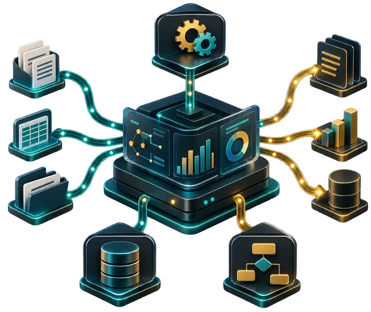 Sistema modular conectando informações, regras e fluxos de trabalho da operação.