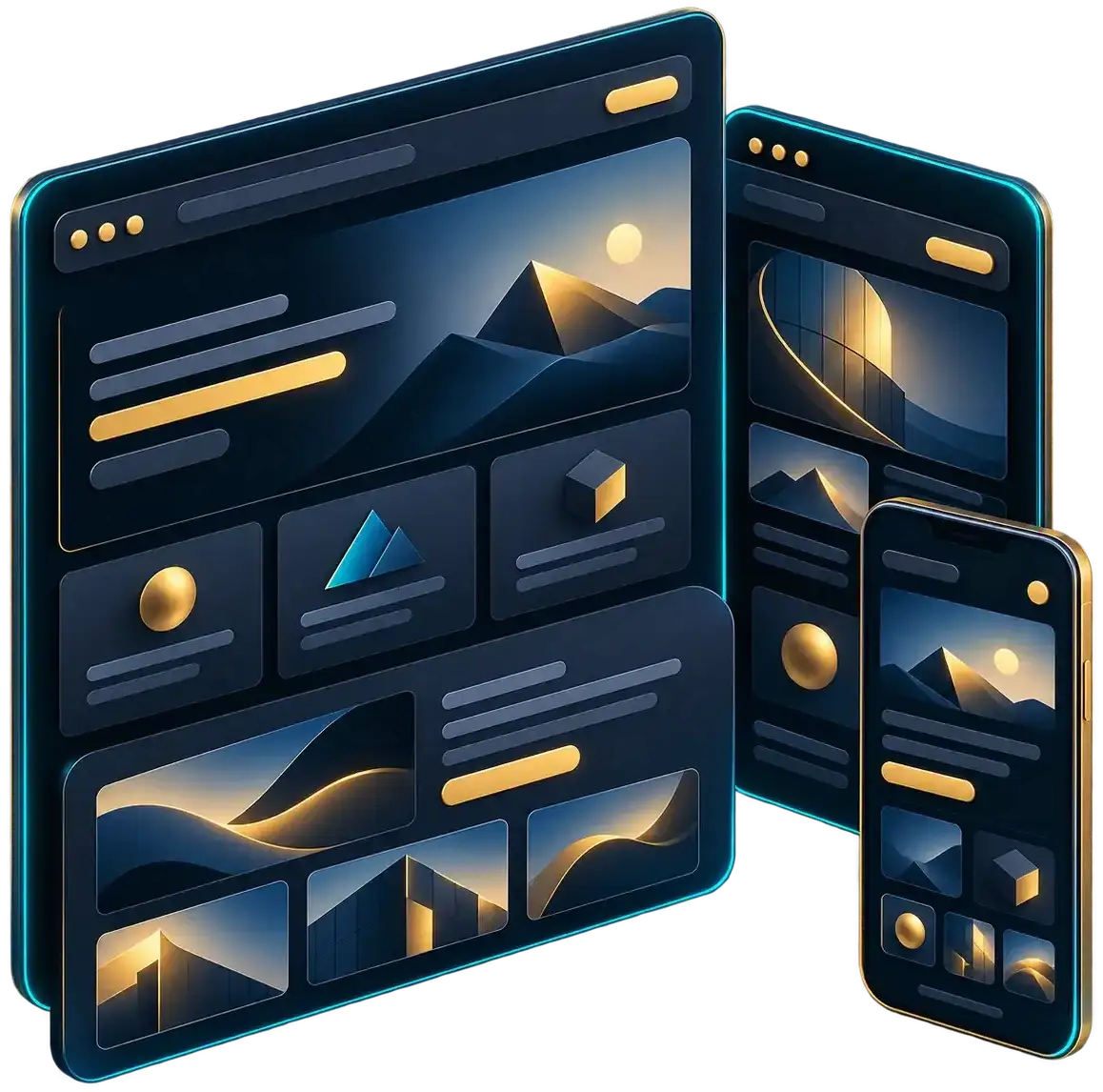 Experiência de website organizada em telas para desktop e celular.